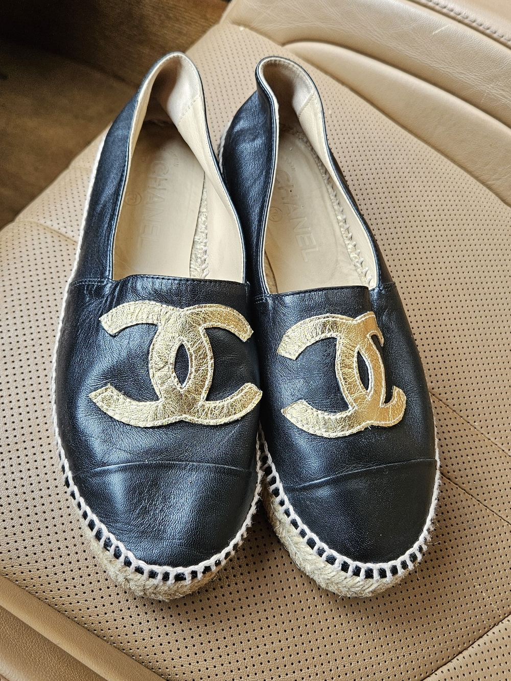 CHANEL Black Leather Espadrilles with Gold CC Emblem